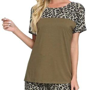 Women's Leopard Short Sleeve Top Splicing Short Sets Pajama Sleepwear- Large
